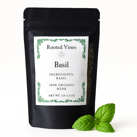 Black package of 'Rooted Vines' basil herb with a white label on a white background