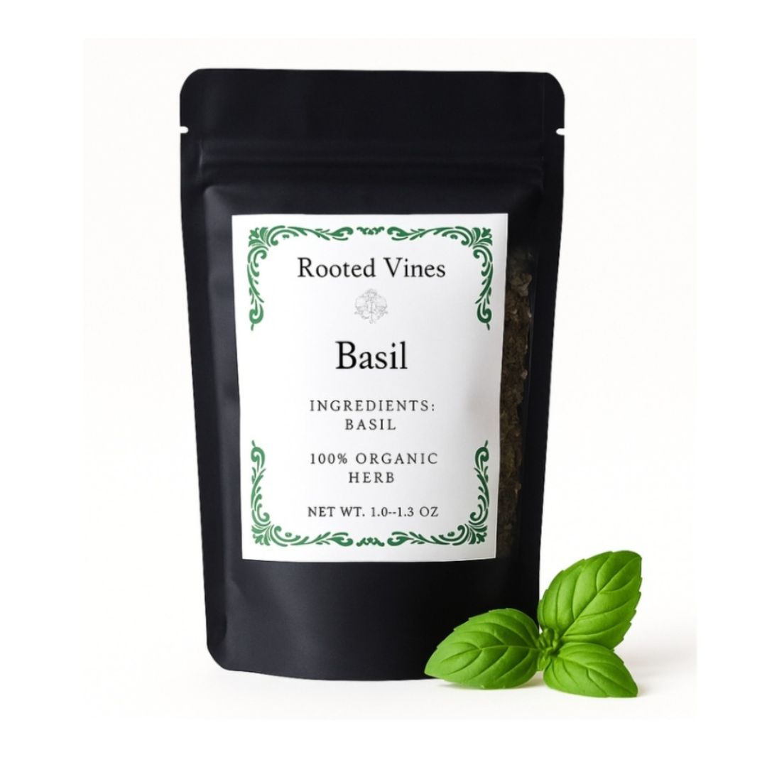Black package of 'Rooted Vines' basil herb with a label and fresh basil leaves on a white background