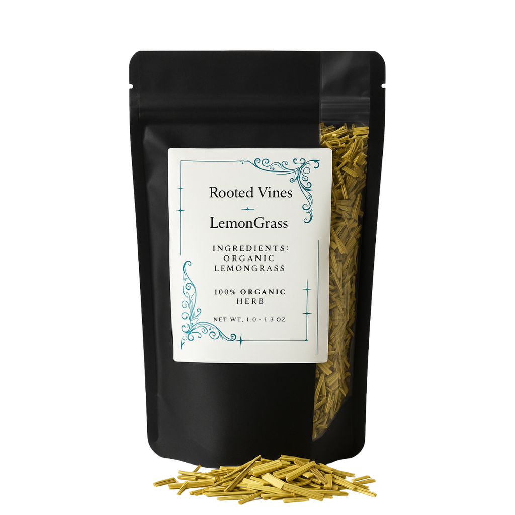 Black packaging of Rooted Vines Lemon Grass with a white label on a white background