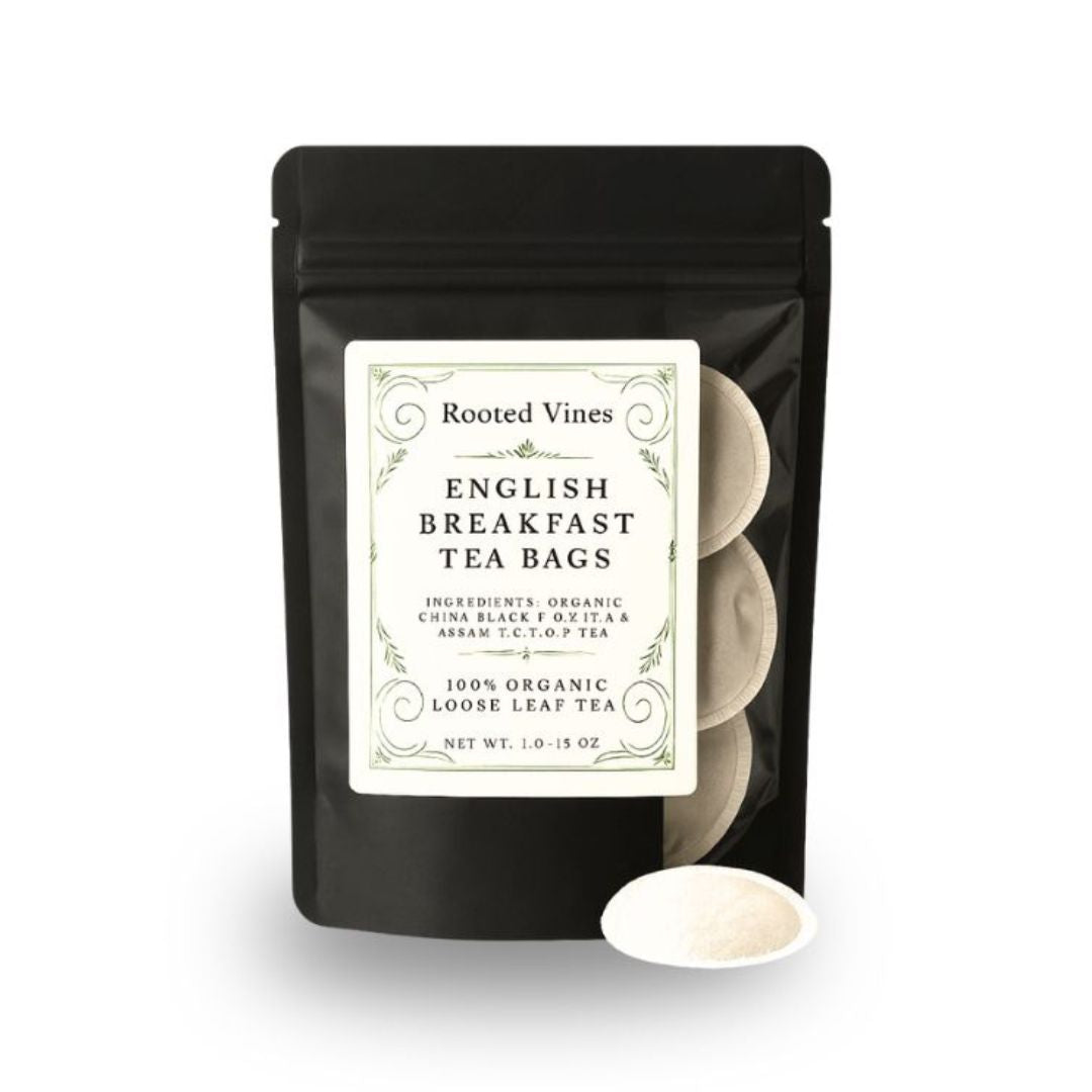 Pack of English Breakfast tea bags with a label on a white background
