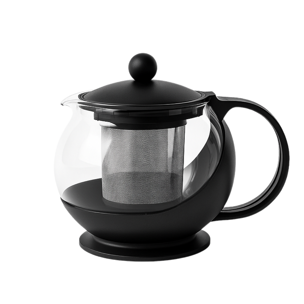 Black glass teapot with a lid on a white background