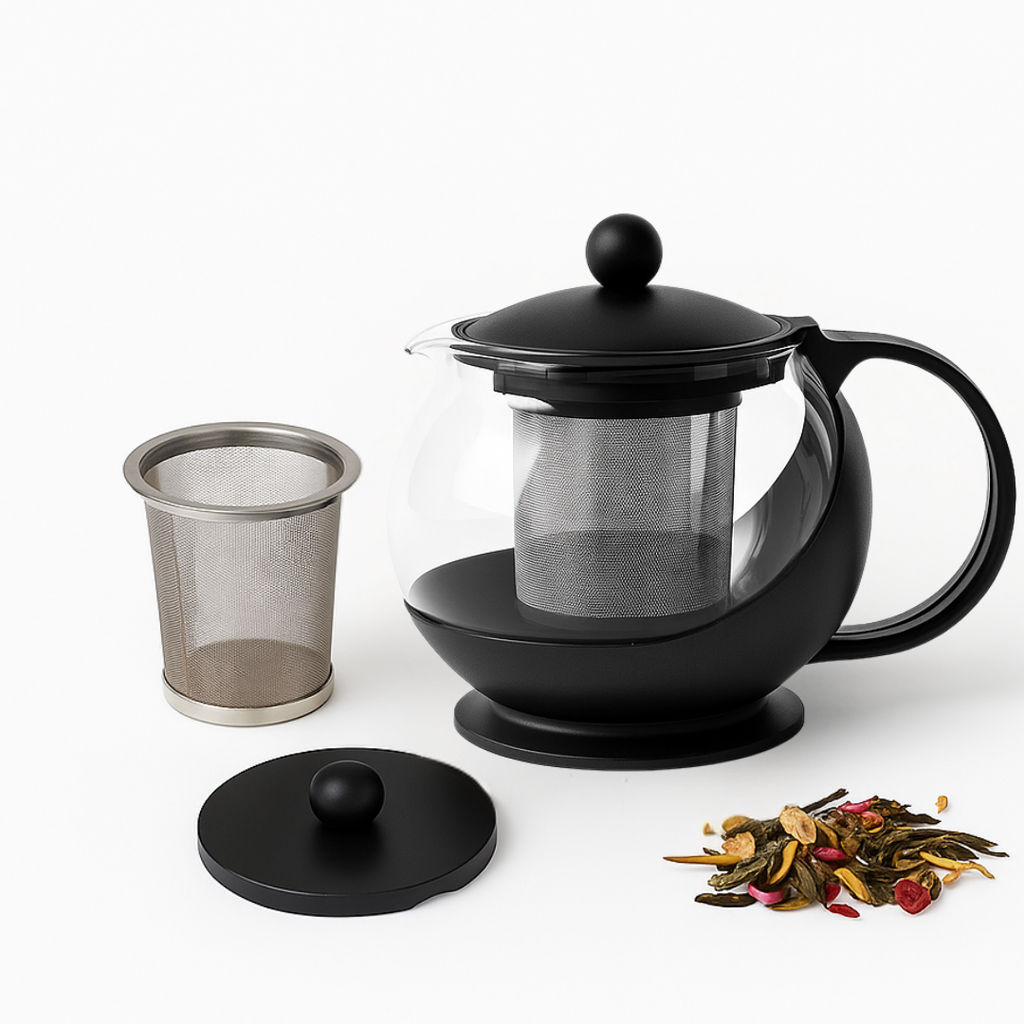 Black glass teapot with metal mesh infuser on a white background