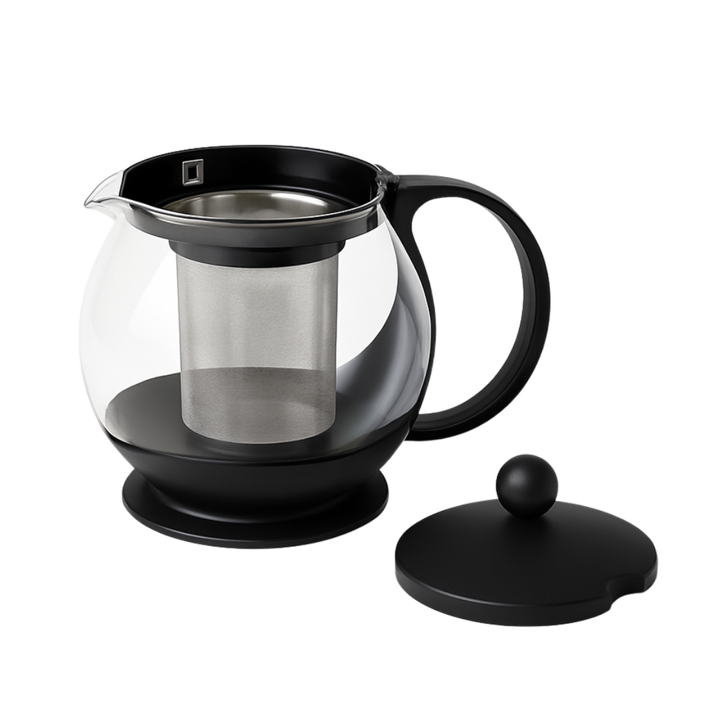 Black glass teapot with metal filter on a white background