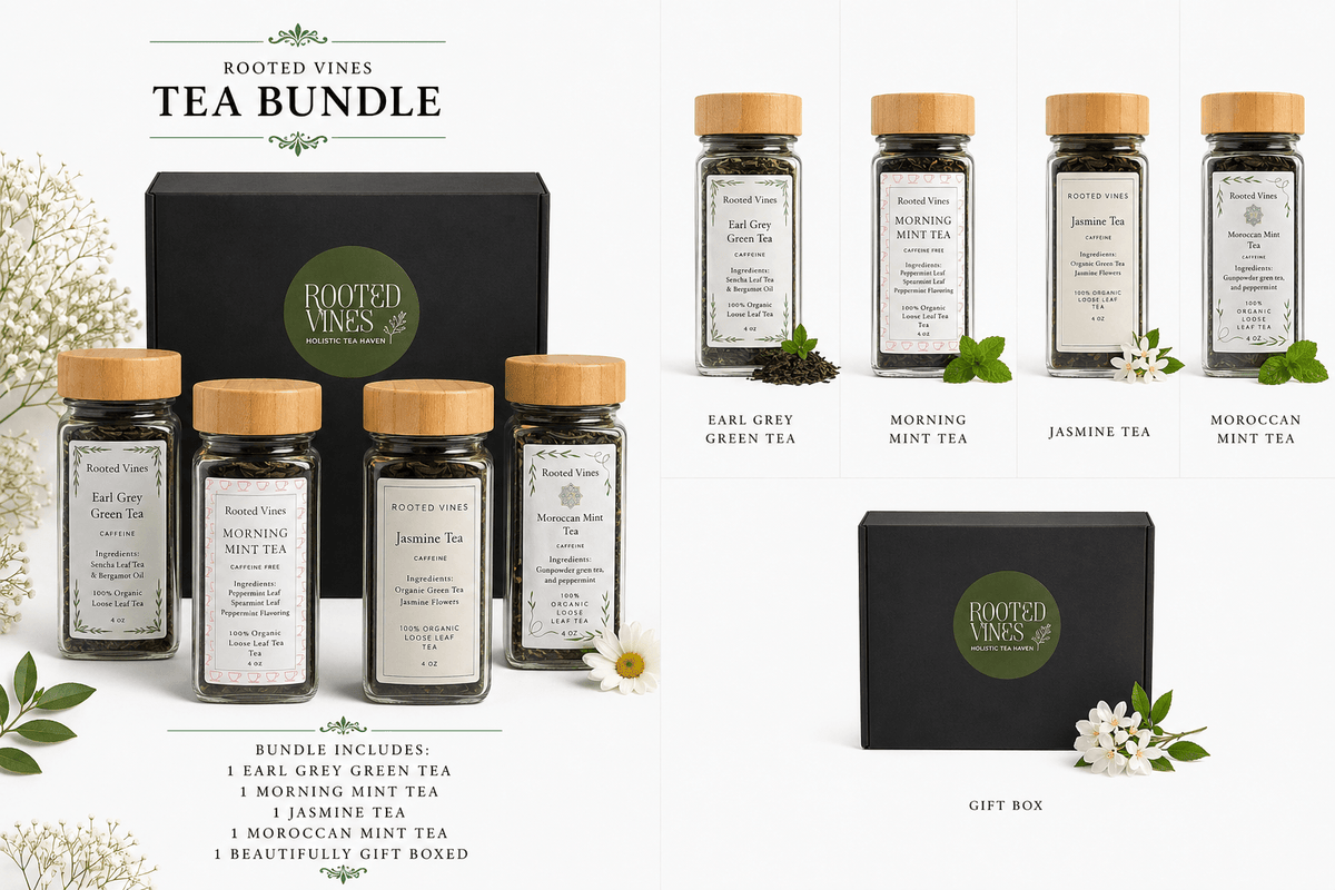 Tea bundle with various types of tea and a gift box on a white background.