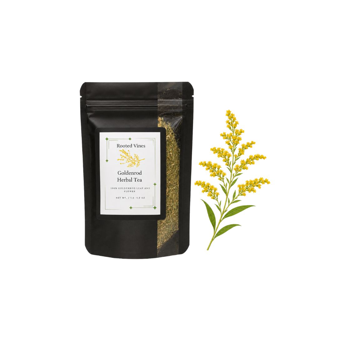 Black tea package with 'Roasted Vines' label and goldenrod herb illustration on a white background