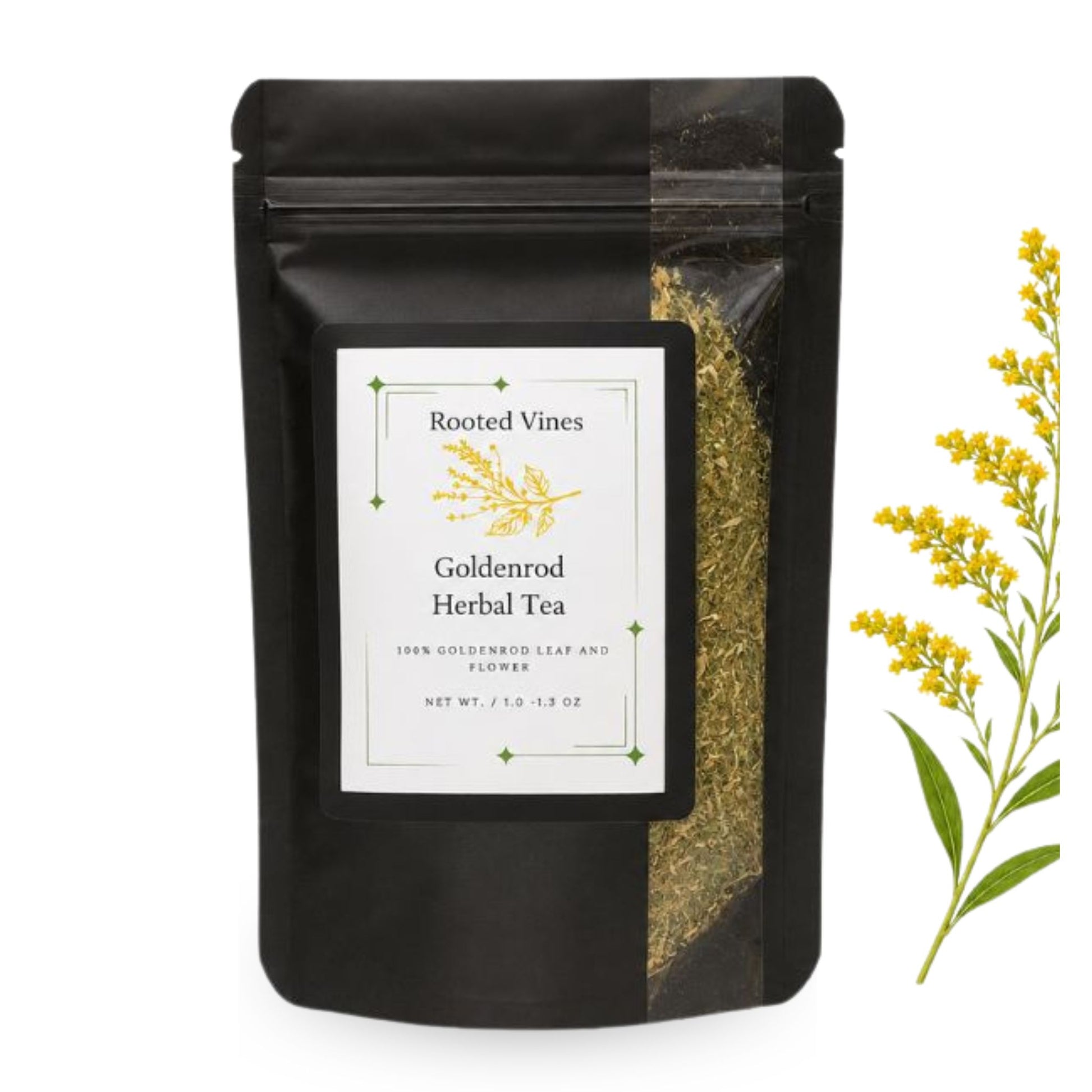A black stand-up pouch of Rooted Vines Goldenrod Herbal Tea with a white label and a clear side window showing dried goldenrod, set against a white background with a yellow goldenrod flower sprig on the right.
