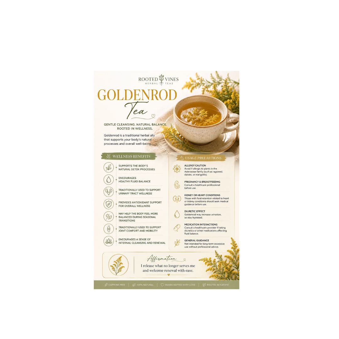 A vertical product information card for Rosted's Farms Goldenrod Tea, featuring a cup of herbal tea, illustrations of goldenrod flowers, and detailed text about the tea's benefits and preparation on a white background.
