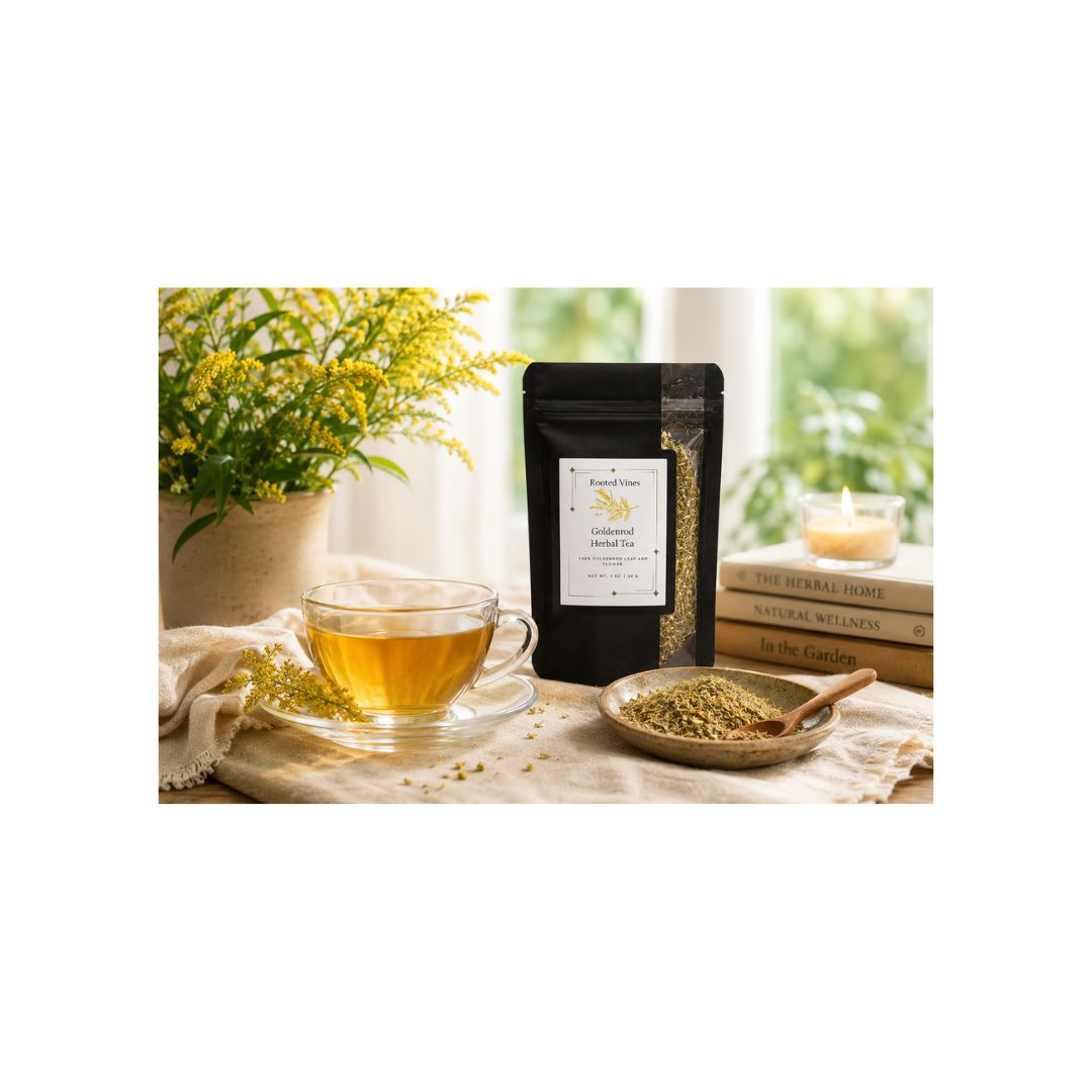 A black stand-up pouch of Wild Flower Apothecary Turmeric & Ginger tea stands on a table beside a clear glass cup of amber tea, a small dish of loose greenish powder with a wooden spoon, and stacked books, with a vase of yellow flowers and a softly blurred window in the background.