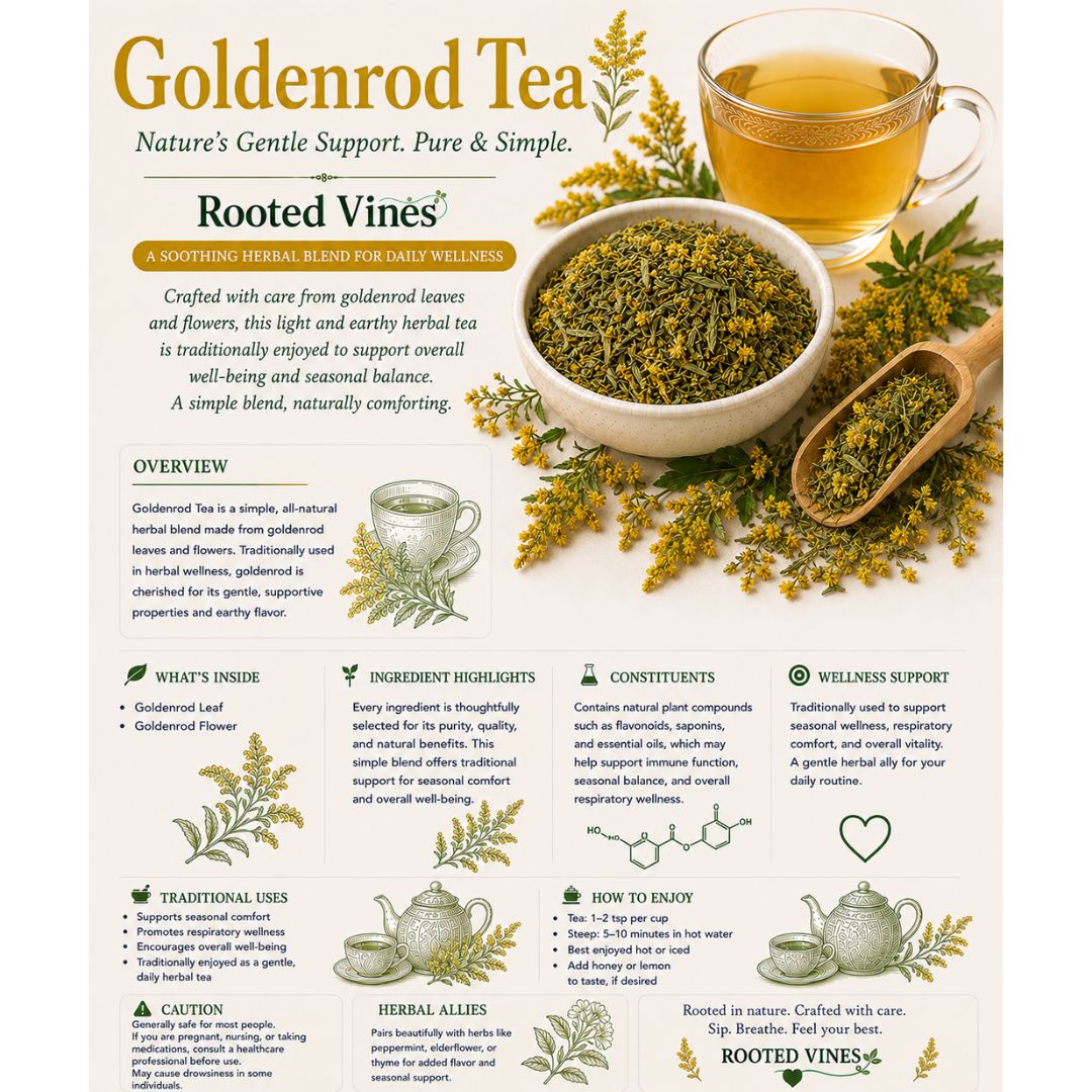 Promotional image of Goldenrod Tea with text and tea leaves and flowers.