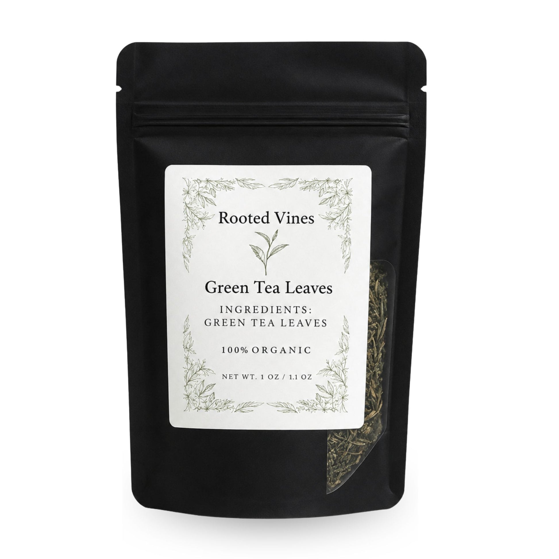 A black stand-up pouch of Rooted Vines Green Tea Leaves on a white background, featuring a white label with green botanical illustrations and a clear window showing the tea leaves inside.