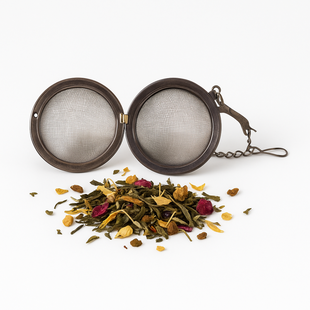 Tea ball with mesh design on a white background with loose tea leaves around it.