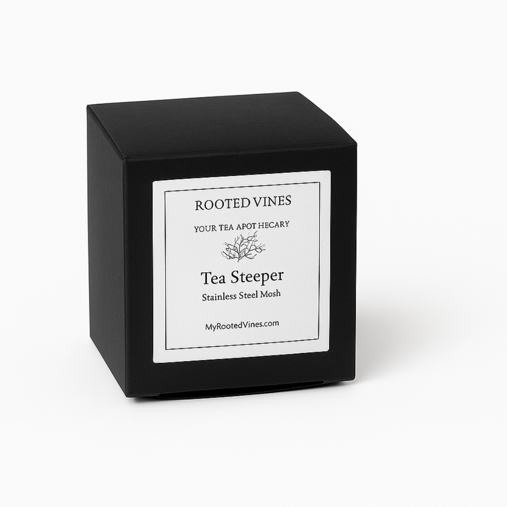 Black tea steeper box with 'Rooted Vines' label on a white background