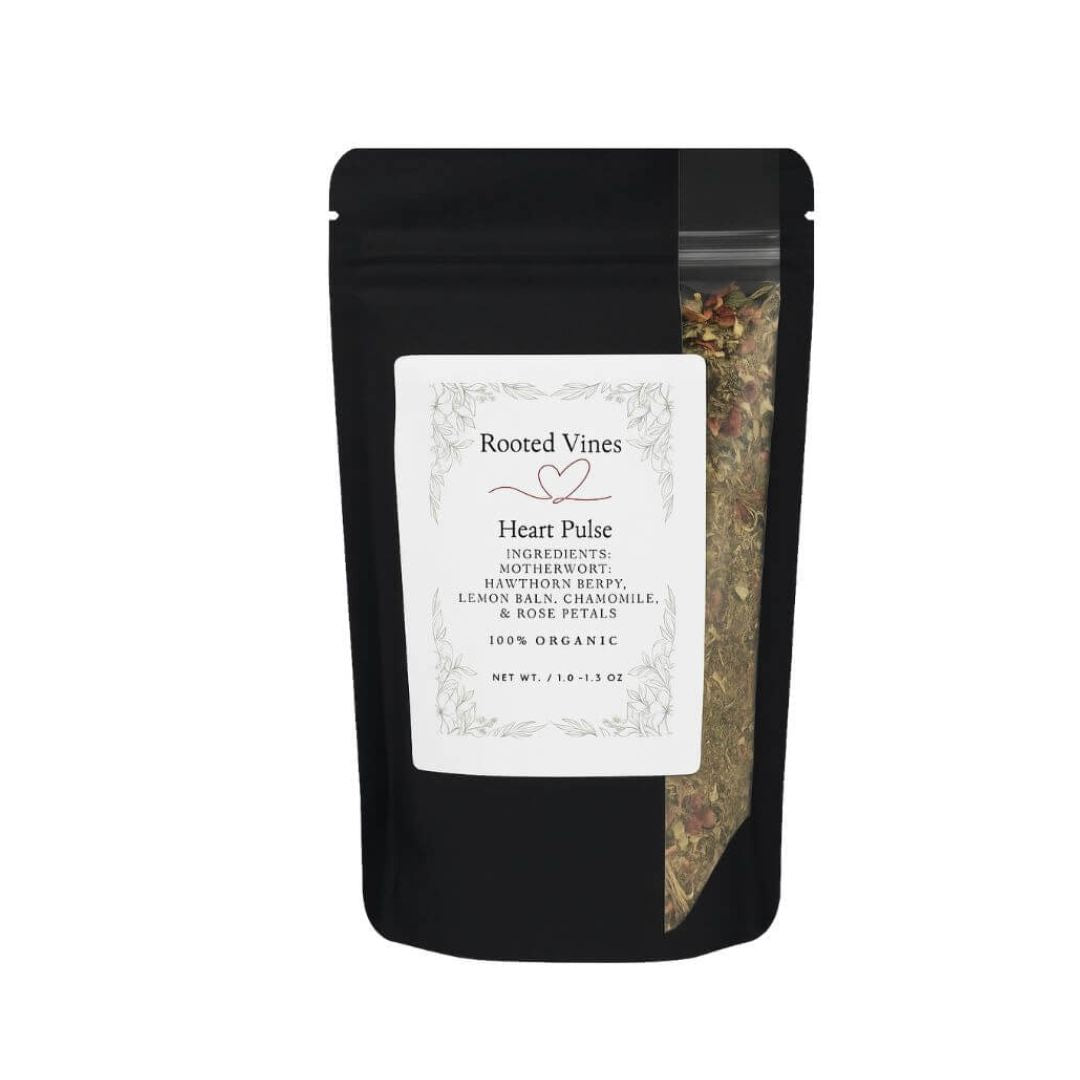 Black package of Rooted Vines Heart Pulse tea with a white label on a white background