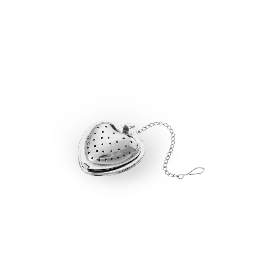 Heart-shaped metal tea infuser with chain on a white background