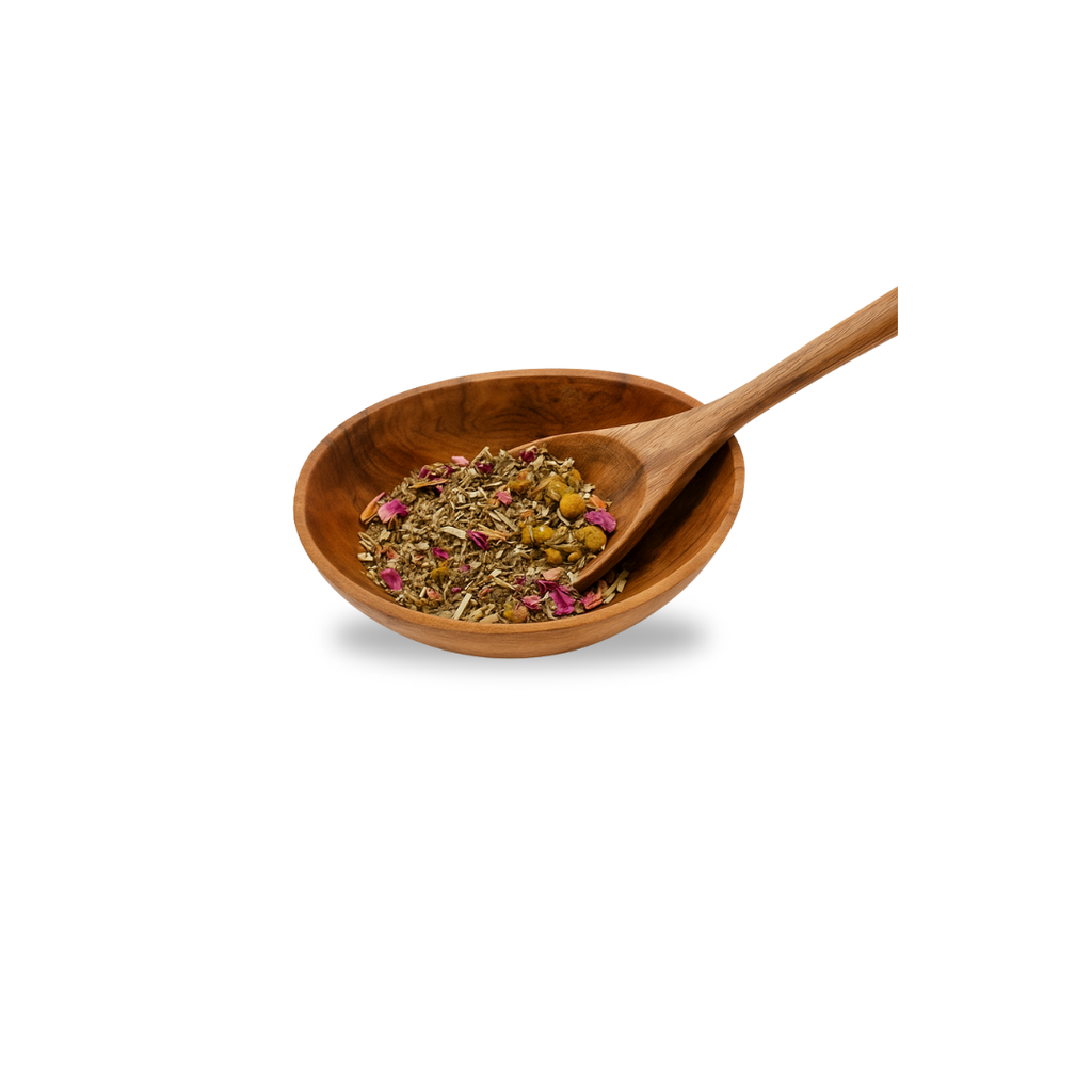 Wooden bowl with dried herbs and a wooden spoon on a white background