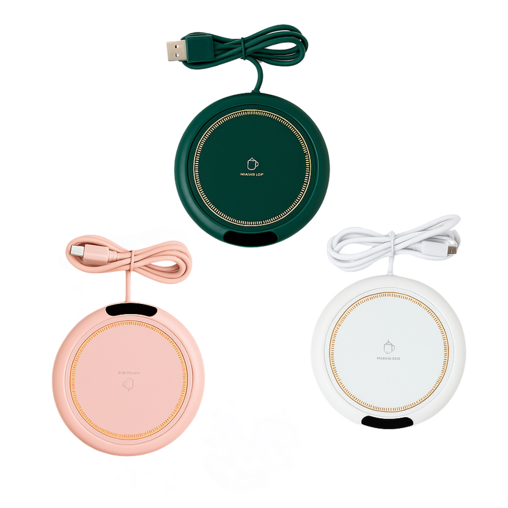 Three round wireless chargers in green, pink, and white with cables on a white background.