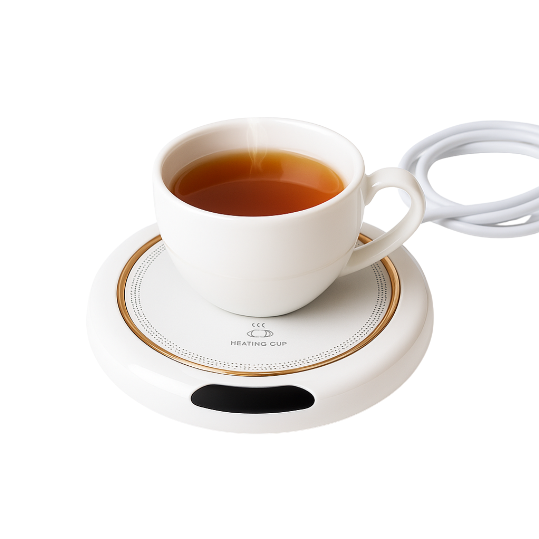 White mug with a warm beverage on a white heating pad with a white background