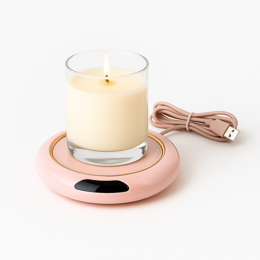 Pink candle warmer with a lit candle on a white background