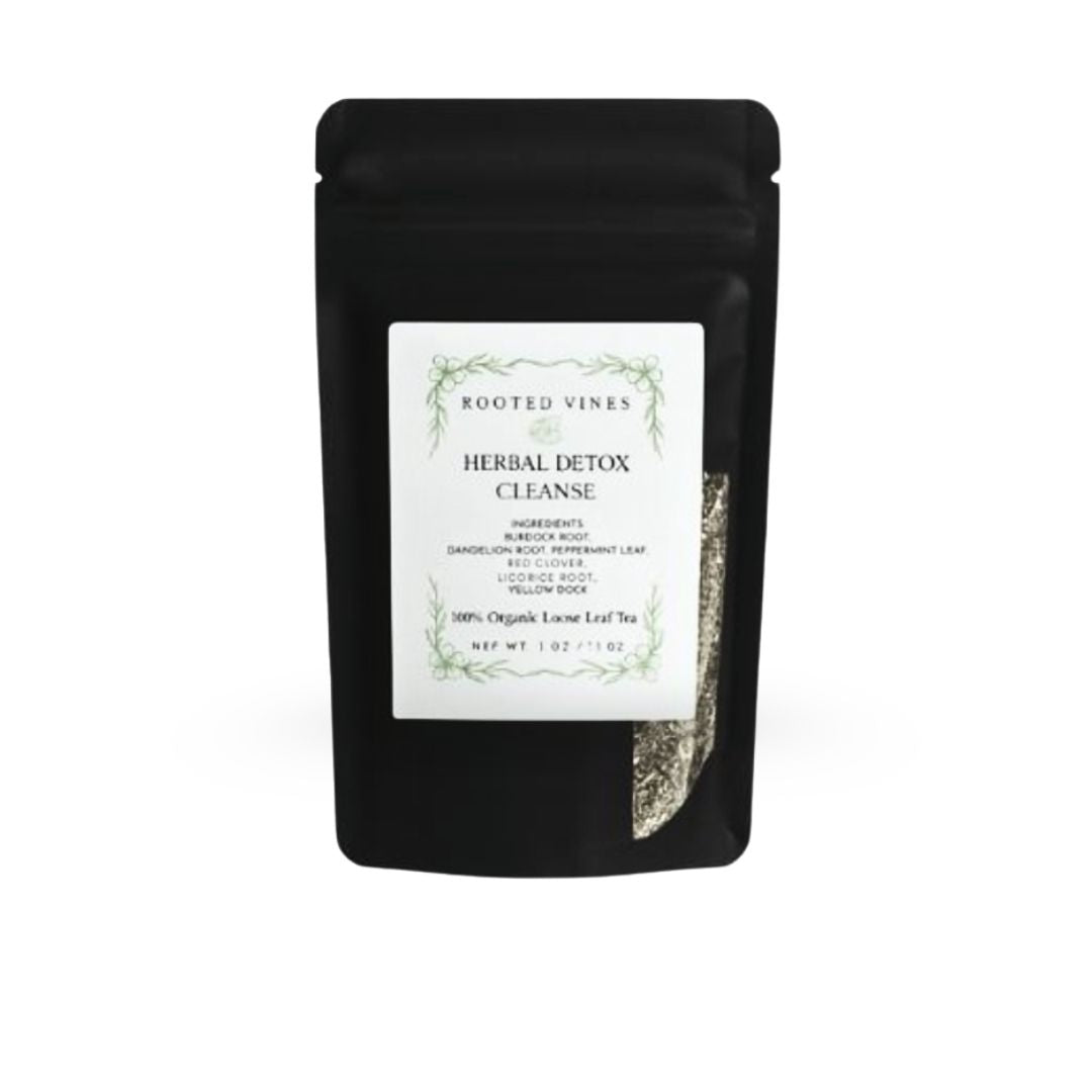 Black packaging of 'Herbal Detox Cleanse' by Rooted Vines on a white background