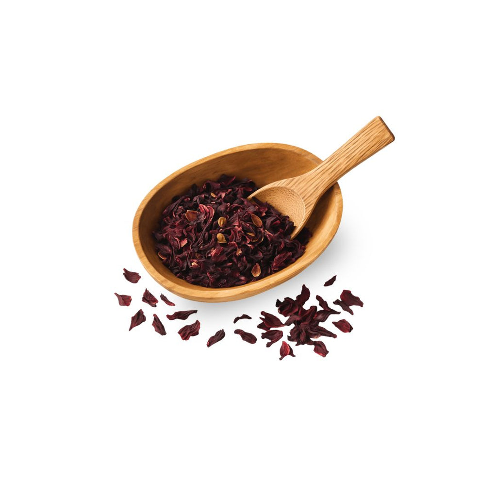 Wooden bowl with dried hibiscus flowers and a wooden spoon on a white background