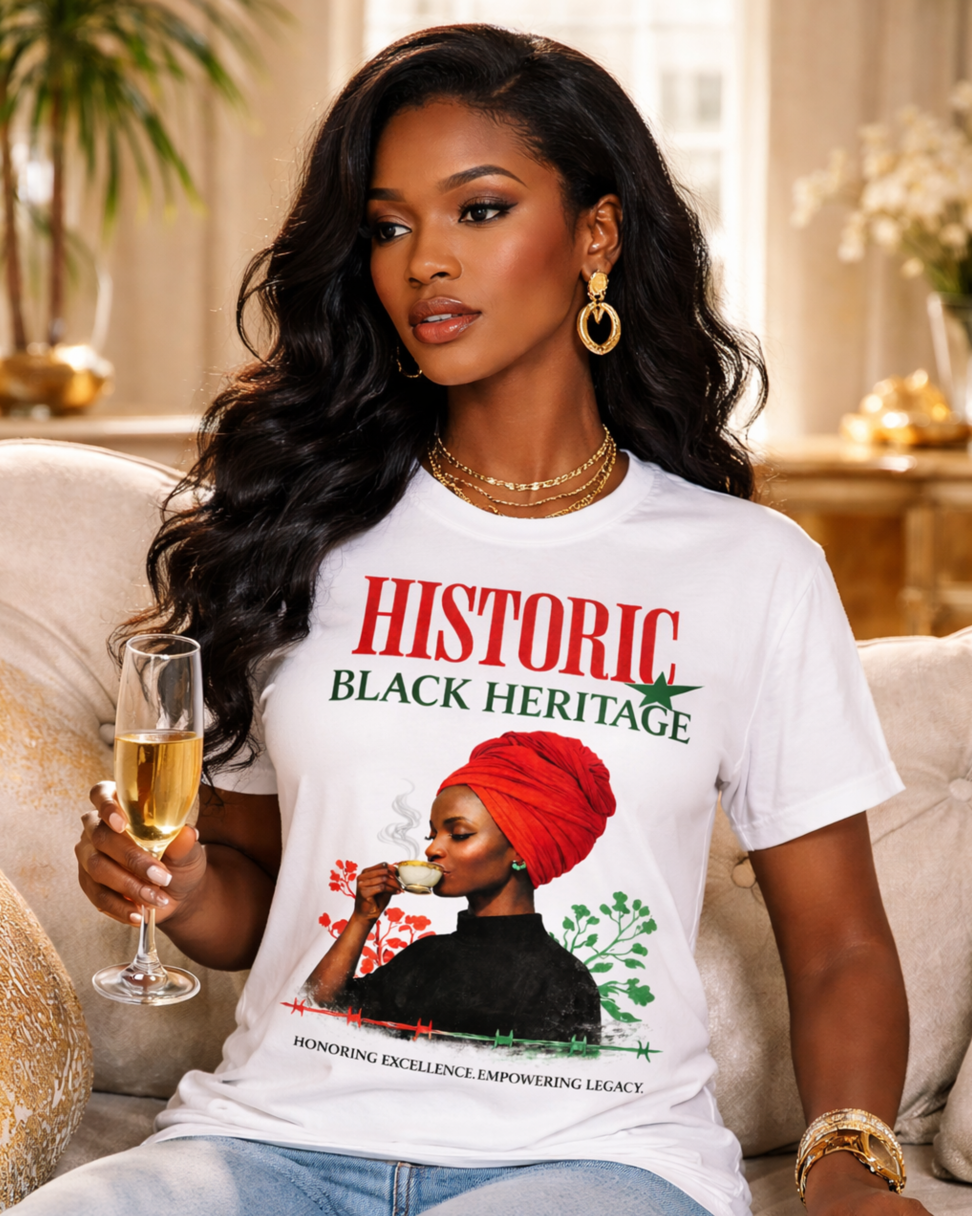 Woman wearing a 'Historic Black Heritage' t-shirt, holding a glass of champagne.