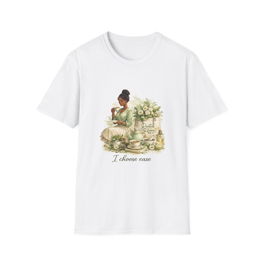 White t-shirt with a graphic of a woman sitting and flowers, with text 'I choose ease', on a white background.