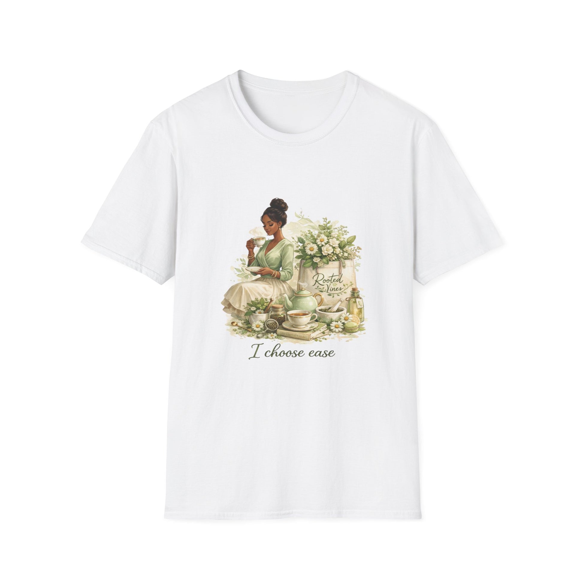 White t-shirt with a graphic of a woman sitting and flowers, with text 'I choose ease', on a white background.