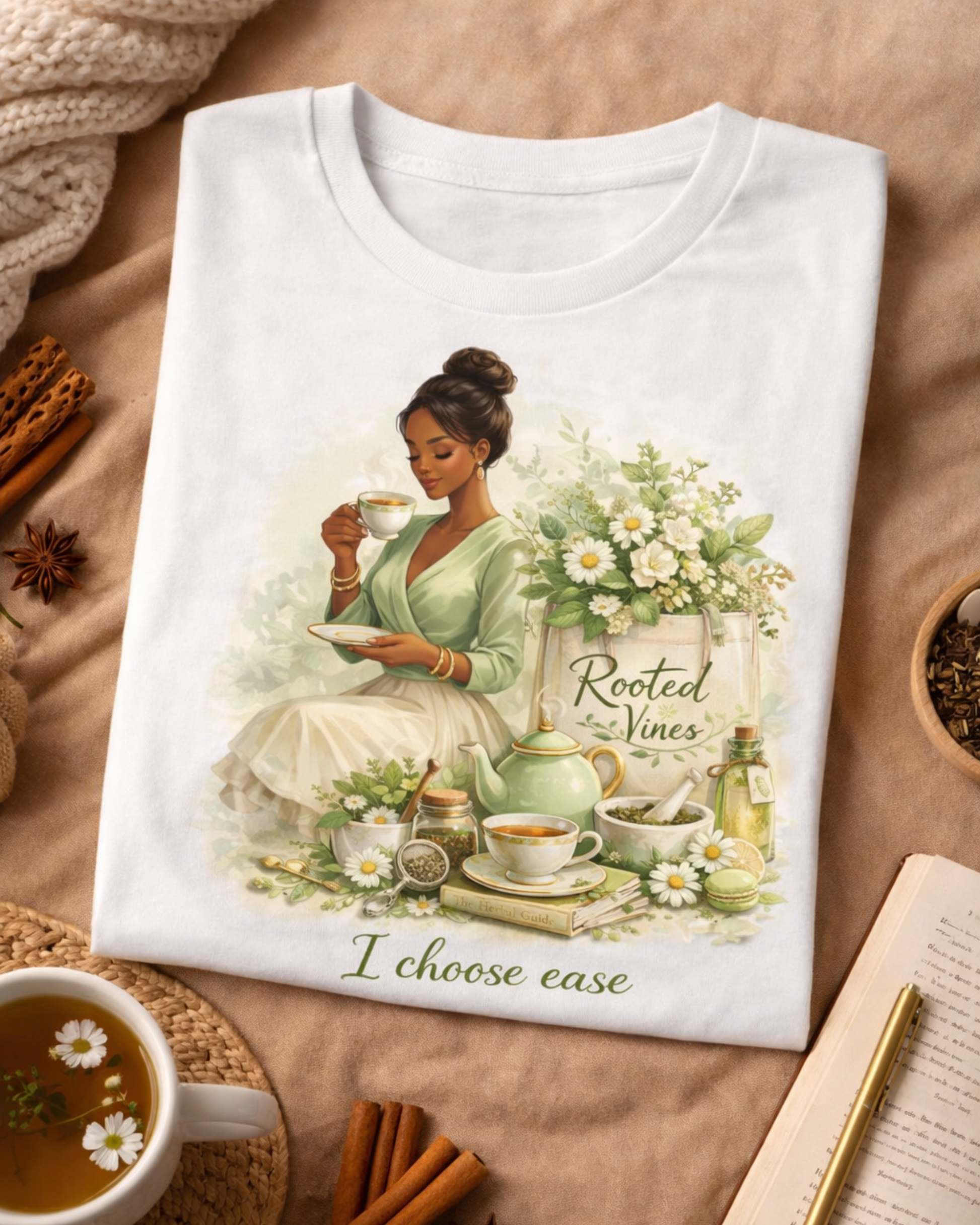 White t-shirt with a graphic of a woman drinking tea and flowers, placed on a wooden surface with a cup of tea and cinnamon sticks.