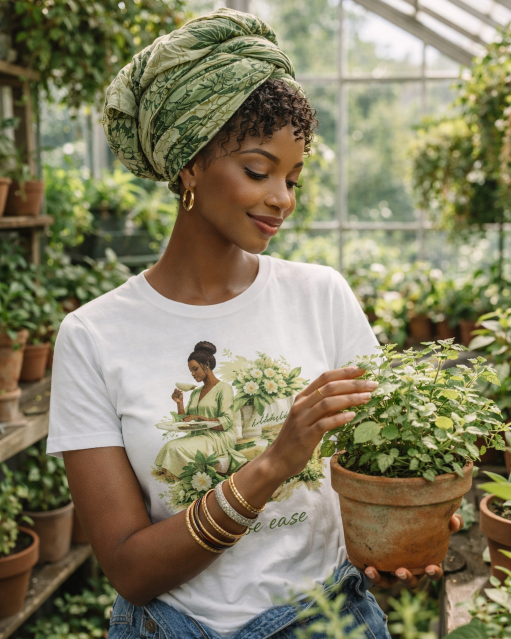 Woman in a greenhouse holding a potted plant, wearing a white t-shirt with a graphic design.