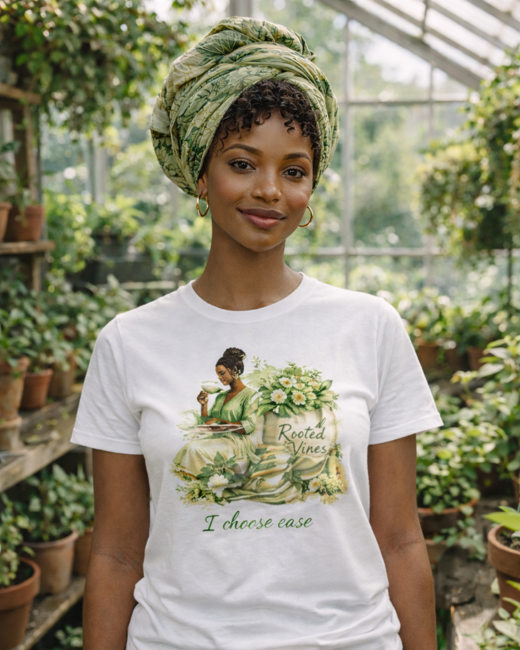 Woman wearing a white t-shirt with a graphic design in a greenhouse