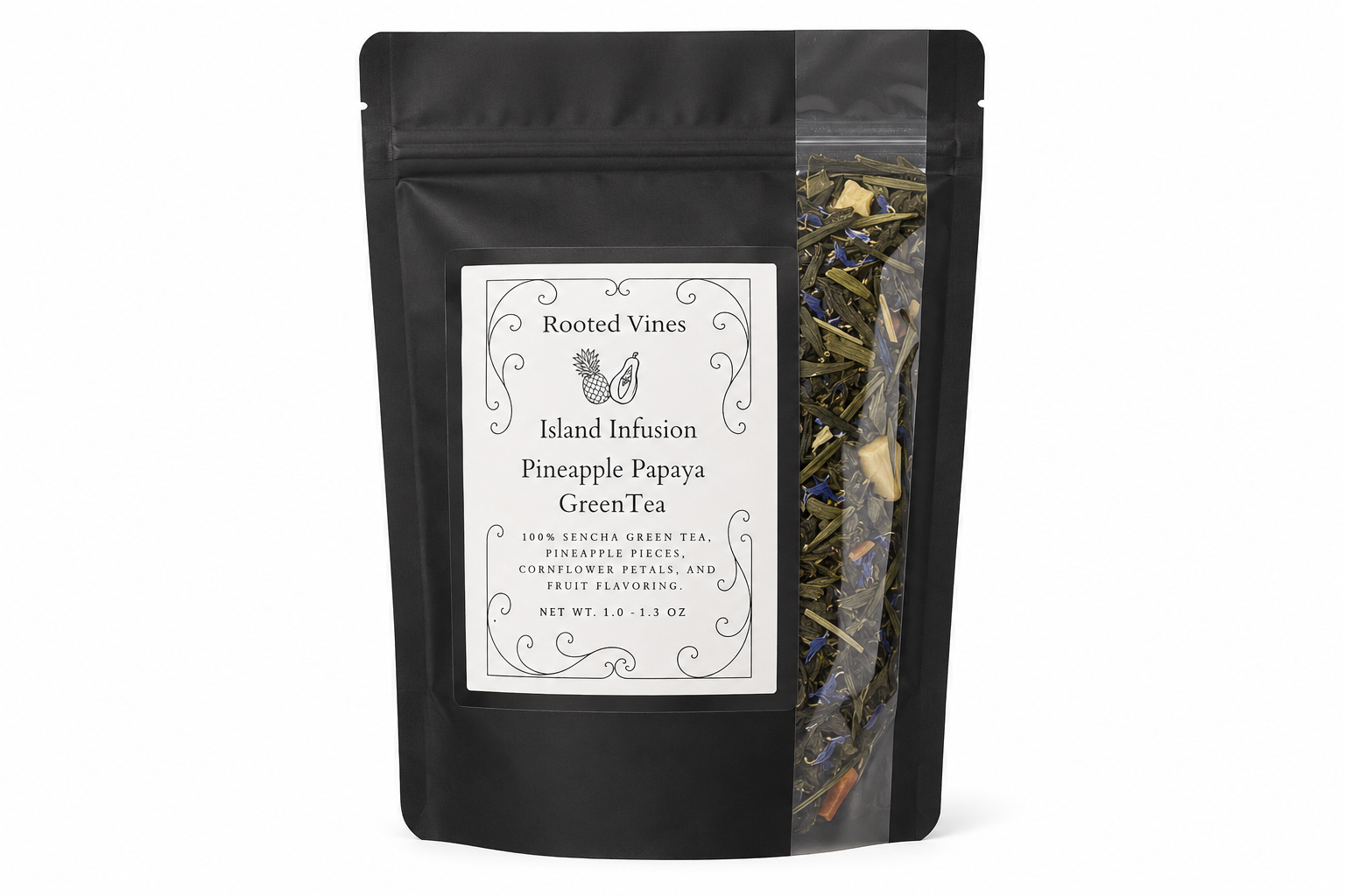 Tea package labeled 'Rooted Vines' with visible tea leaves on a white background