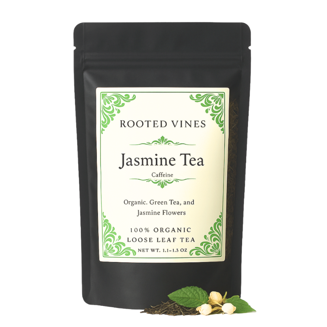 Black package of Rooted Vines Jasmine Tea with a decorative label on a white background.
