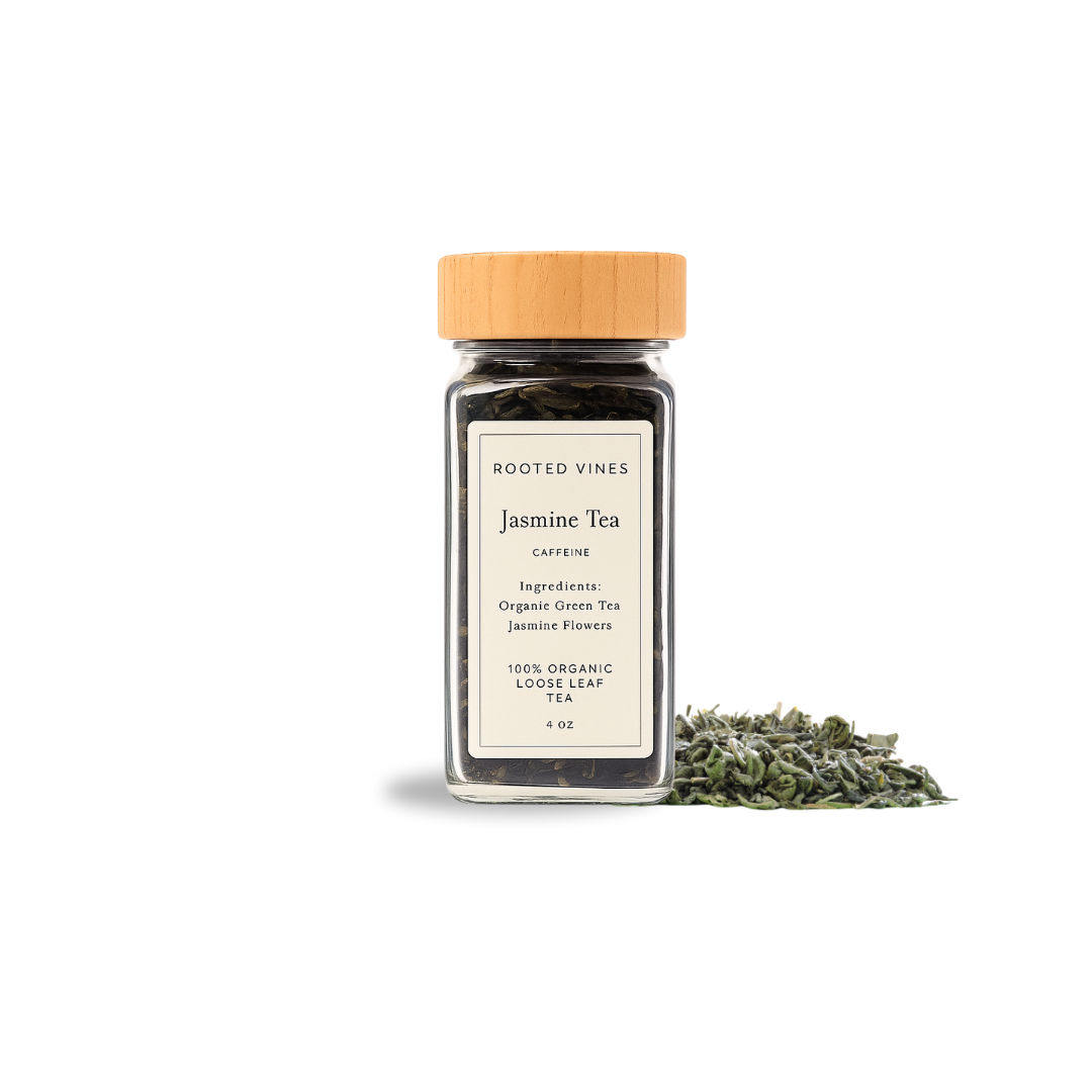 Jar of Jasmine Tea with wooden lid on a white background