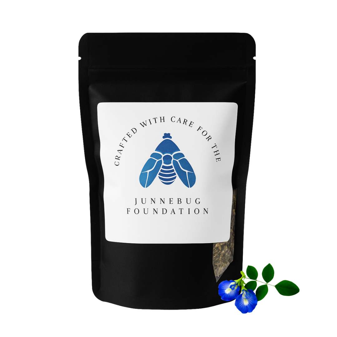 Black packaging with Junnebug Foundation logo and blue berries on a white background