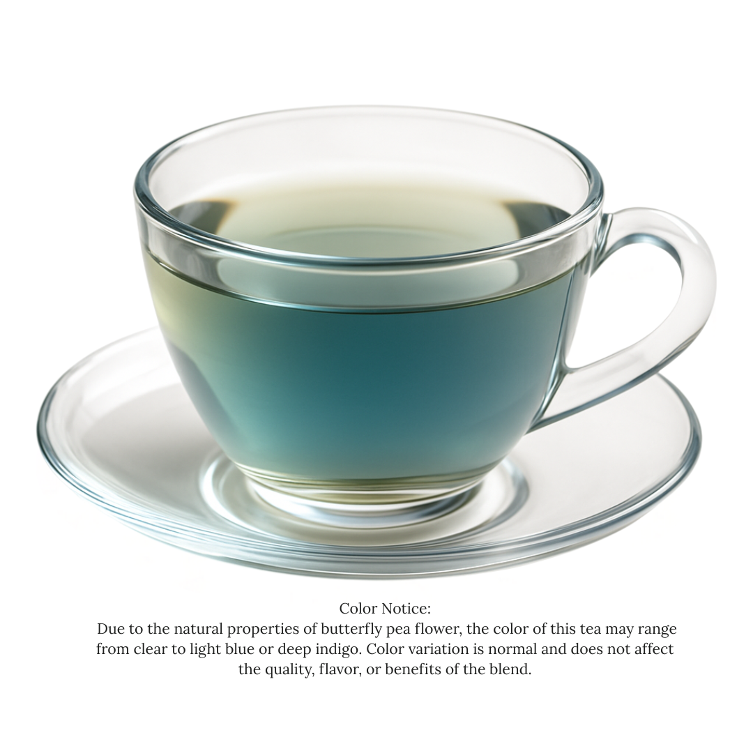 Clear glass cup with blue tea on a white background