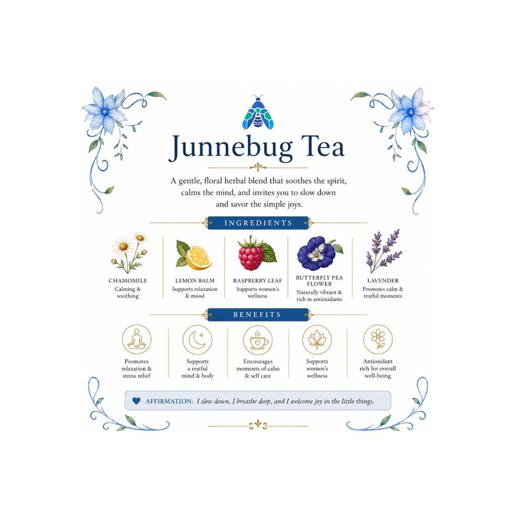 A digital graphic card for Junnebug Tea, featuring a clean white background with elegant blue floral borders. The central text reads 'Junnebug Tea' with a blue teardrop logo above it.
