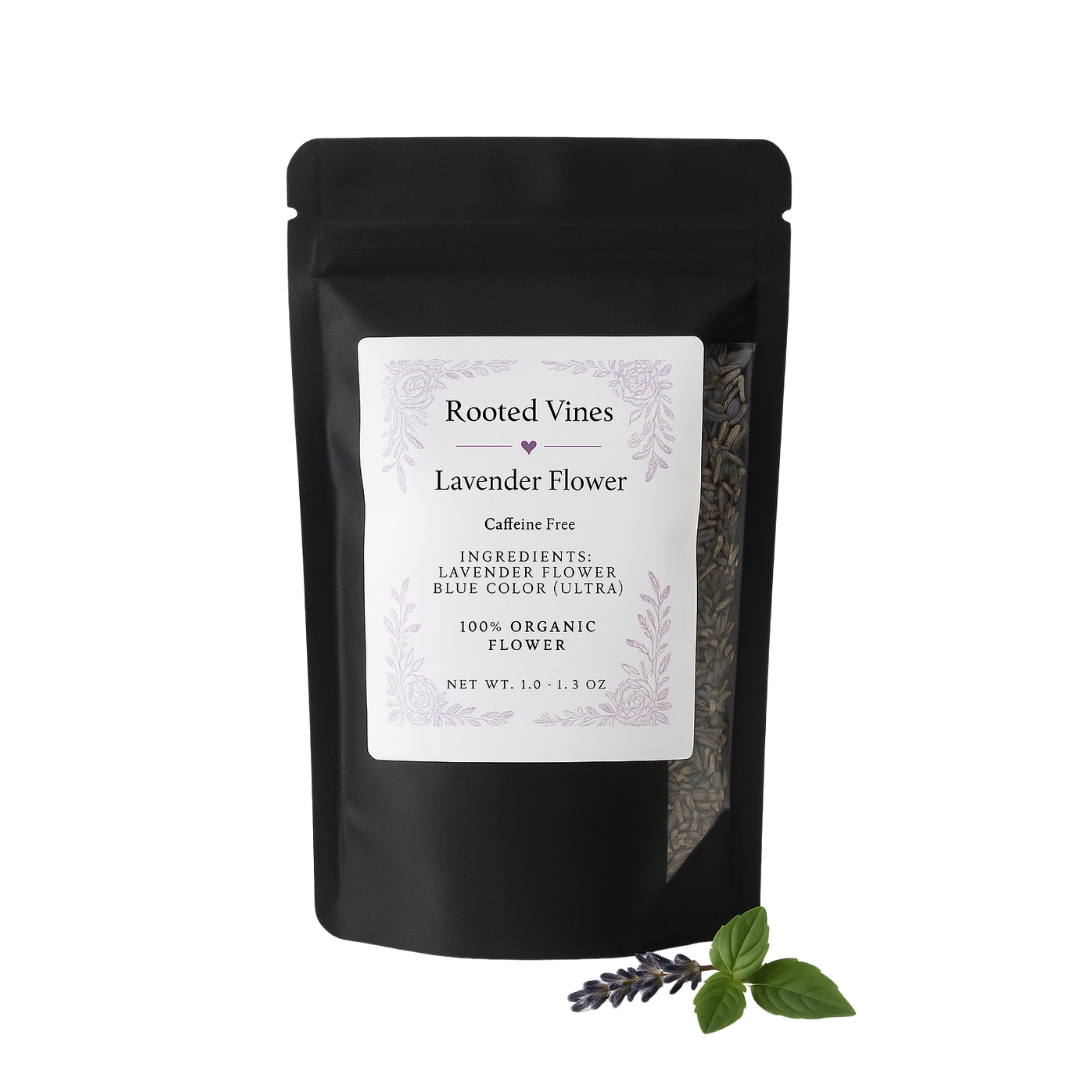 Black package of Rooted Vines Lavender Flower tea with a sprig of lavender on a white background