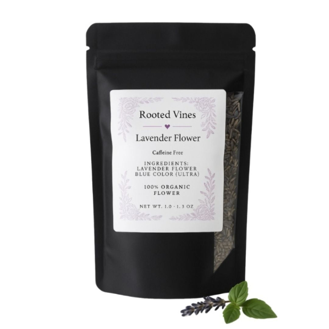 Black package of Rooted Vines Lavender Flower with a label on a white background