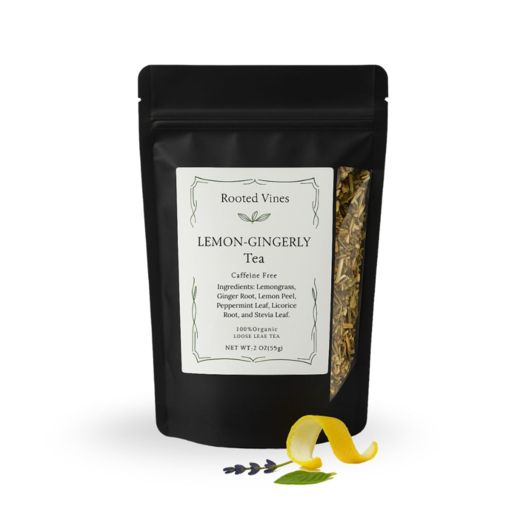 Black tea package with lemon and ginger on a white background
