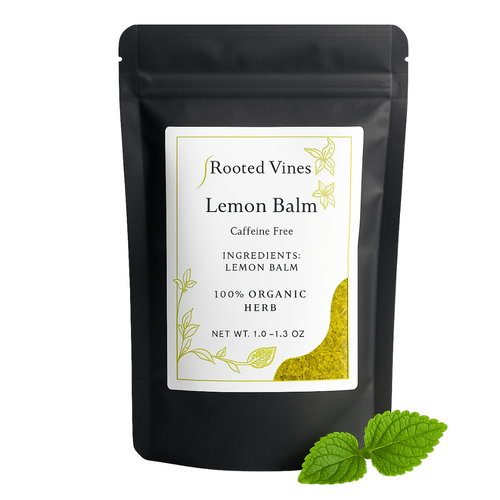 Black package of Rooted Vines Lemon Balm with a label on a white background