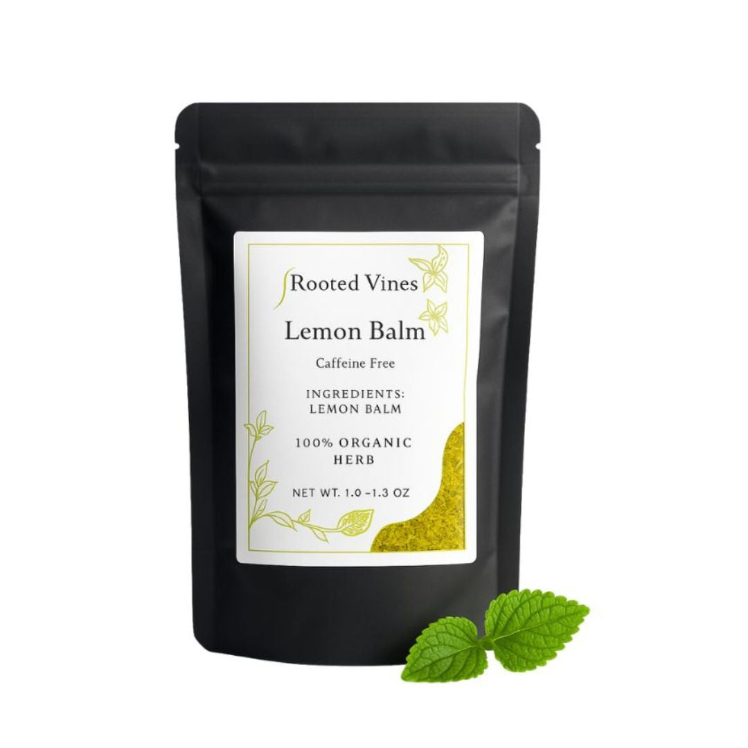 Black package of Rooted Vines Lemon Balm tea with a label on a white background