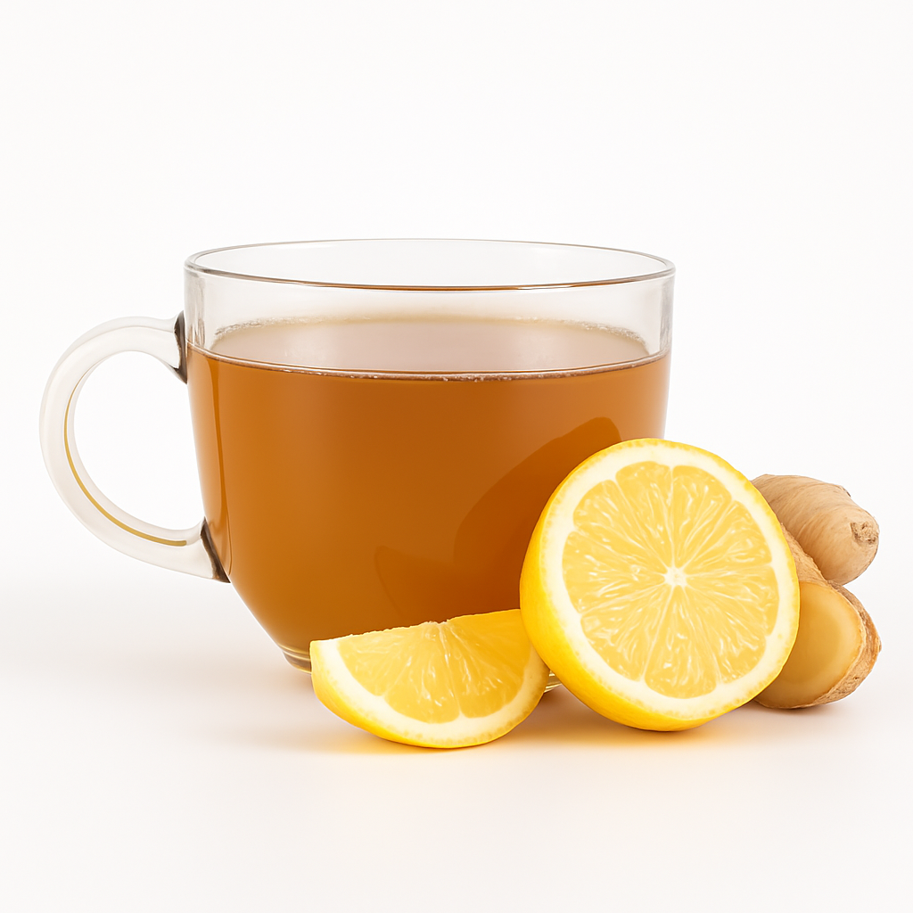 Clear mug of tea with lemon slices and ginger on a white background