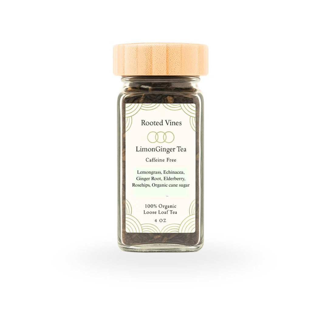 Jar of Rooted Vines LimonGinger Tea on a white background