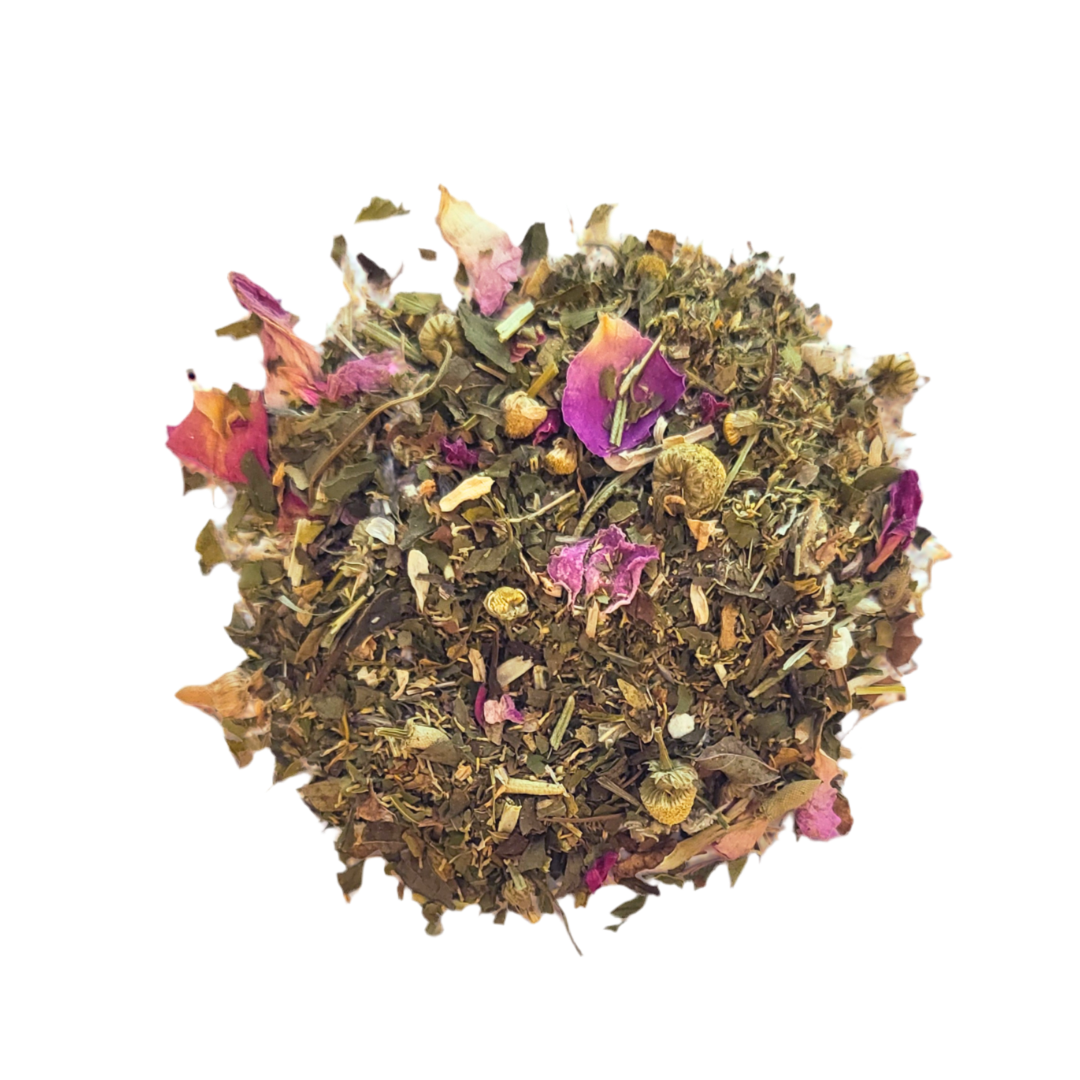 Tea blend with dried herbs and flowers on a white background
