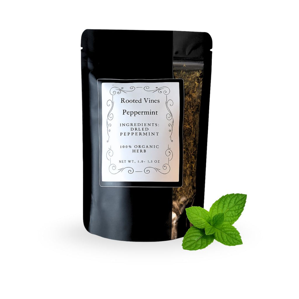 Black packaging of Rooted Vines Peppermint with a mint leaf on a white background