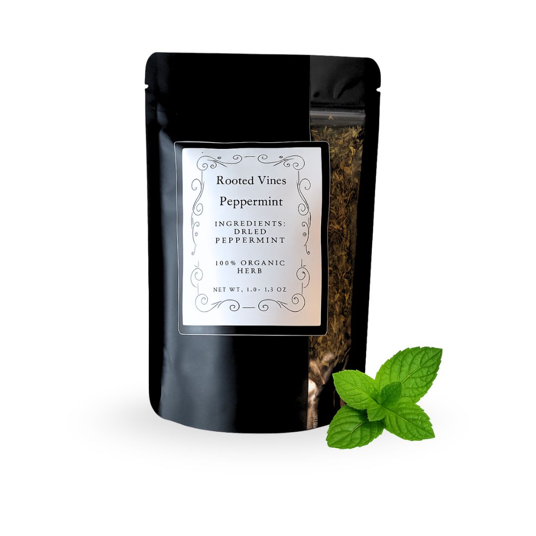 Black packaging of Rooted Vines Peppermint with a mint leaf on a white background