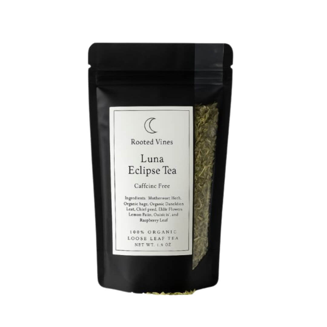 Black package of Rooted Vines Luna Eclipse Tea on a white background