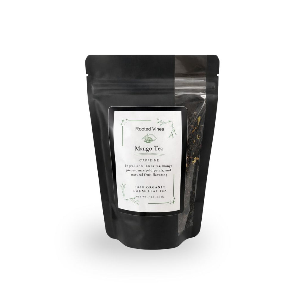Black tea package with a label on a white background