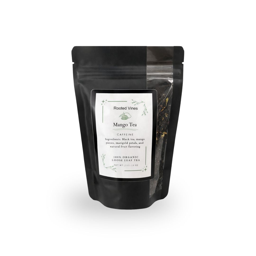 Black tea package with a label on a white background
