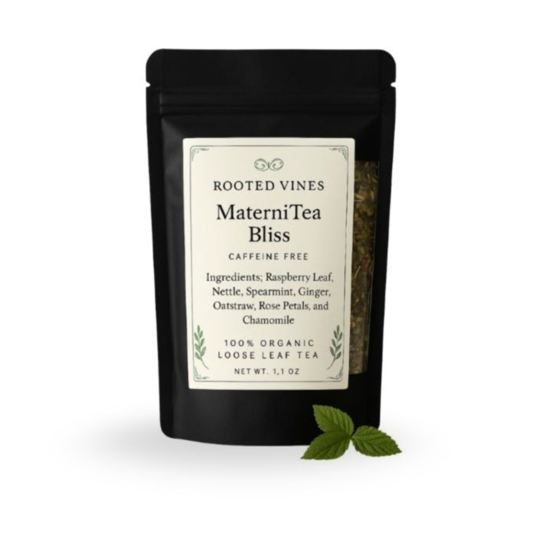 Black package of Rooted Vines MaterniTea Bliss on a white background
